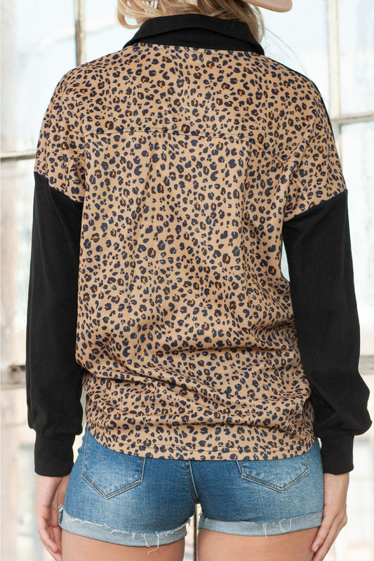 Black Casual Leopard Print Patchwork Shacket