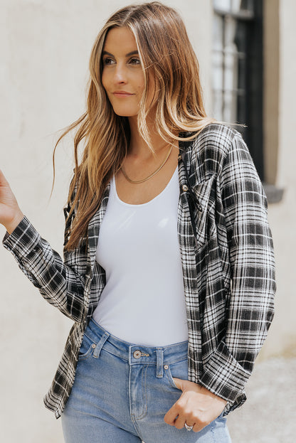 Khaki Drawstring Plaid Hooded Shirt Shacket