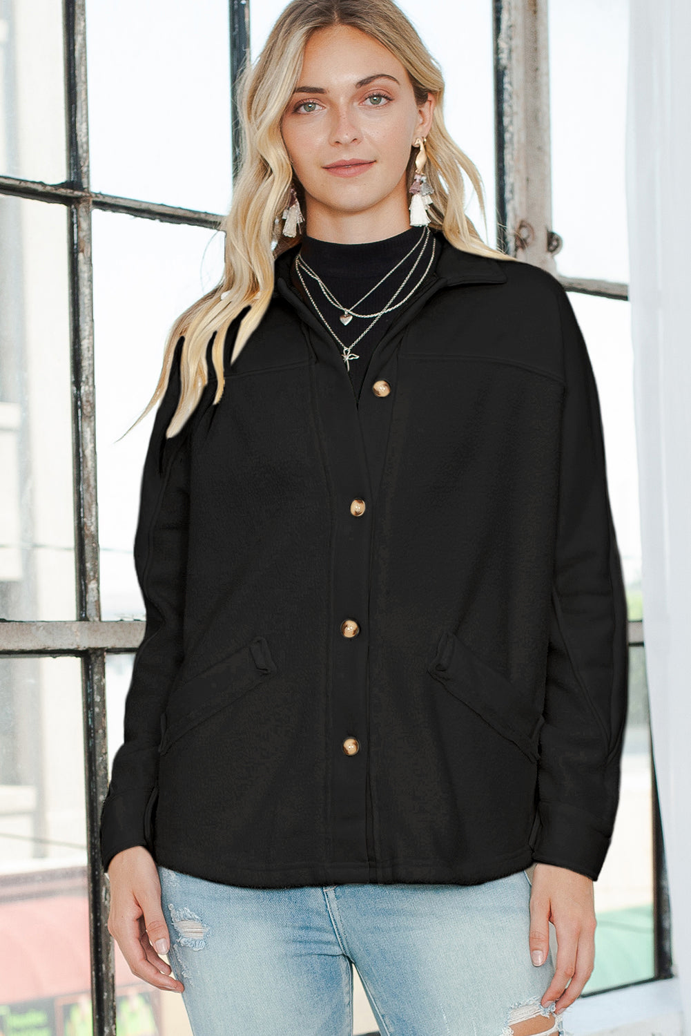 Beige Button-Up Stitching Pocketed Shacket