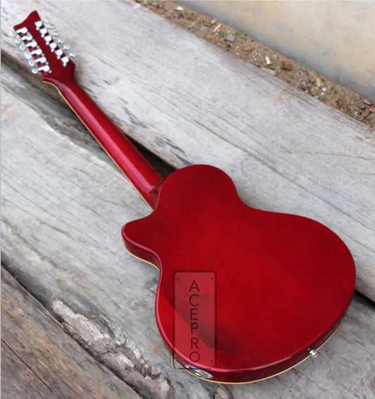 12 String Cherry Sunburst Electric Guitar, Semi Hollow Body, Abalone Flower Inlay, Flame Maple Top