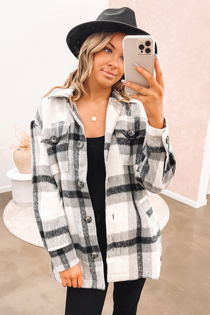 Black Plaid Button-Up Flap Pocket Belted Jacket
