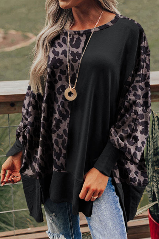Black Leopard Print Bishop Sleeve Oversized Sweatshirt with Slits