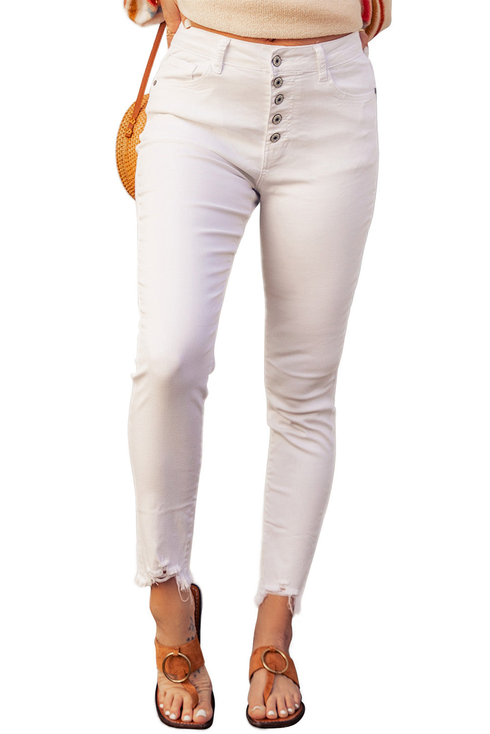 White Plain Buttons Frayed Raw Hem High Waist Denim Jeans