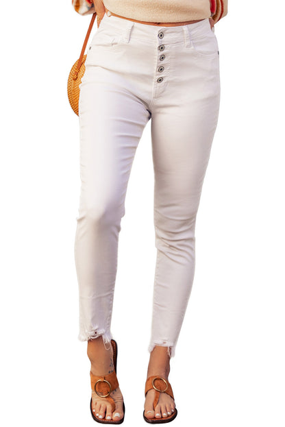 White Plain Buttons Frayed Raw Hem High Waist Denim Jeans