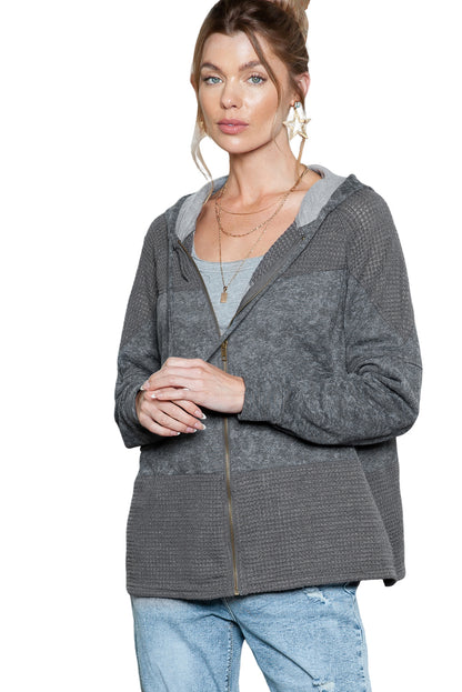 Khaki Dark Washed Patchwork Zip Up Hooded Jacket