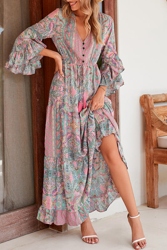 Green Paisley Print Boho Ruffle Trim Tied Maxi Dress