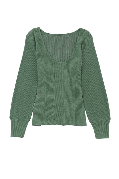 Brown U Neck Textured Long Sleeve Top
