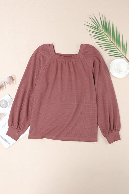 Pink Waffle Texture Casual Square Neck Pullover Top