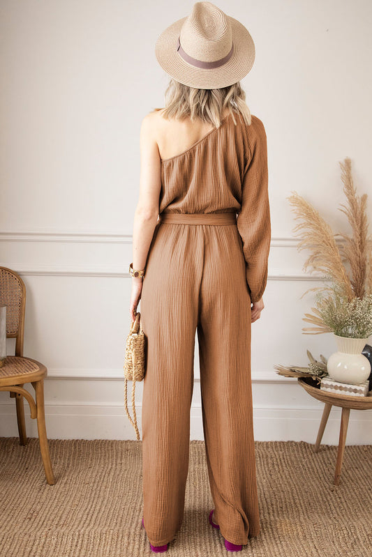 Khaki Crinkled Texture One Shoulder Loose Jumpsuit