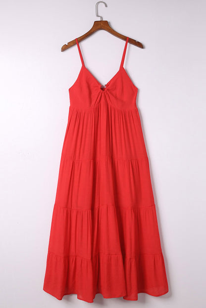 Red O-ring Smocked Back Spaghetti Straps Tiered Boho Dress