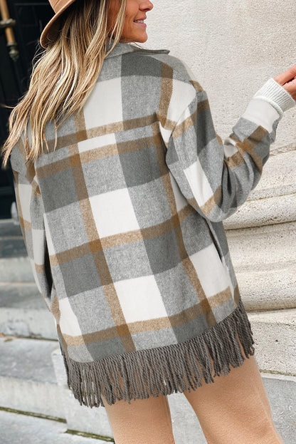 Black Plaid Snap Button Pocket Fringed Hem Shacket