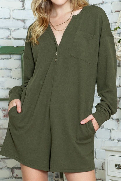 Green Henley V Neck Pocketed Ribbed Romper