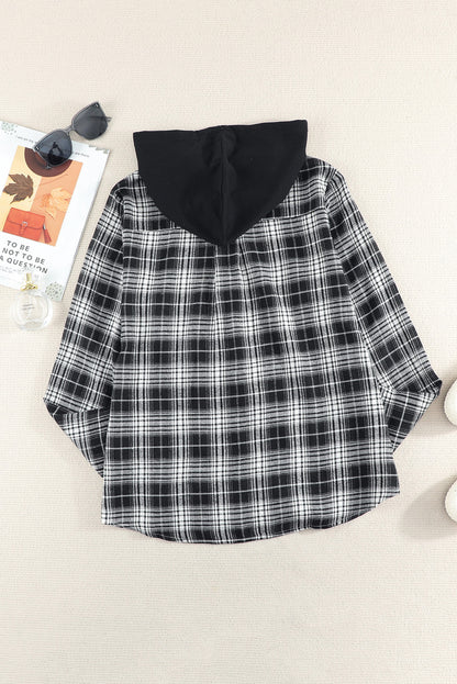 Khaki Drawstring Plaid Hooded Shirt Shacket