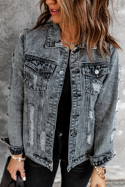 Grey Distressed Buttons Washed Denim Jacket