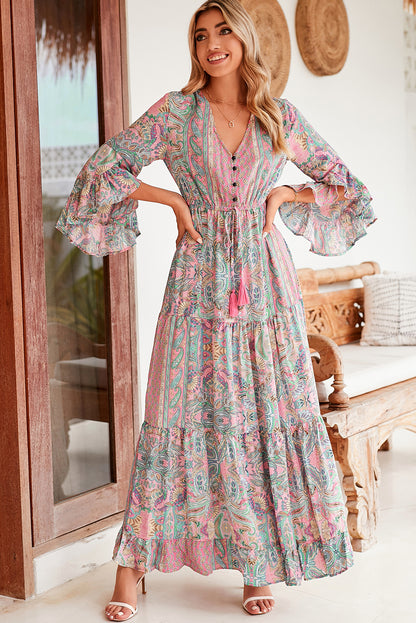 Green Paisley Print Boho Ruffle Trim Tied Maxi Dress