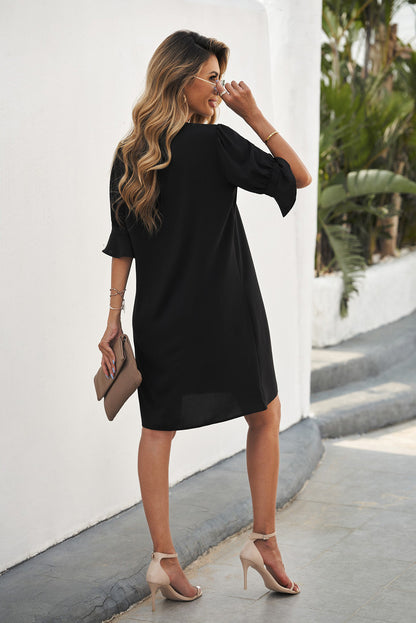 Navy Blue Split V Neck Short Sleeve Tunic Dress