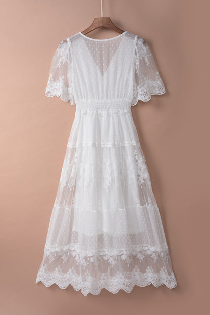 White Elegant Crochet Contrast Lace Maxi Dress