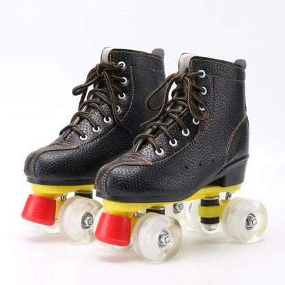 Genuine Leather Training Quad Roller Skates Shoes with Flash Wheels