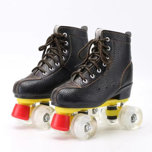 Genuine Leather Training Quad Roller Skates Shoes with Flash Wheels