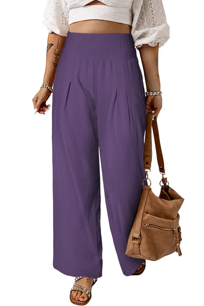 Brown Smocked Wide Waistband High Waist Wide Leg Pants