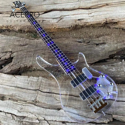 Clear Acrylic Crystal Body 4 String LED Electric Bass Guitar