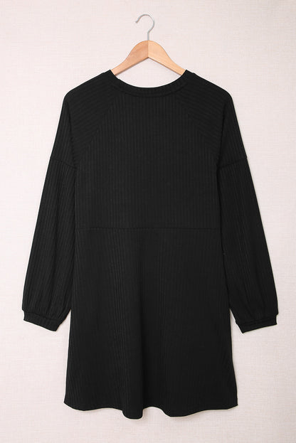 Black Round Neck Empire Waist Ribbed Short Knit Dress