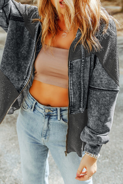 Khaki Dark Washed Patchwork Zip Up Hooded Jacket