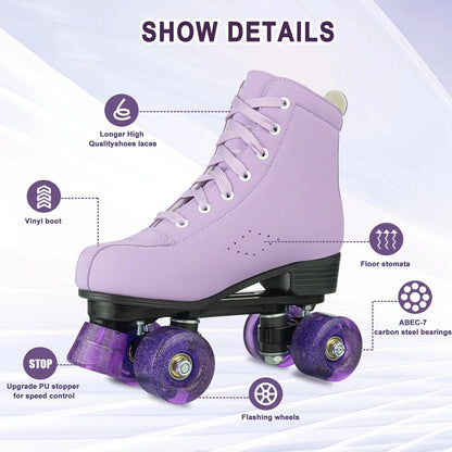Women's Purple PU Leather Quad Roller Skates with LED Wheels