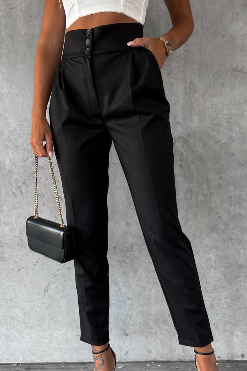 Black Button High Waist Tapered Pants