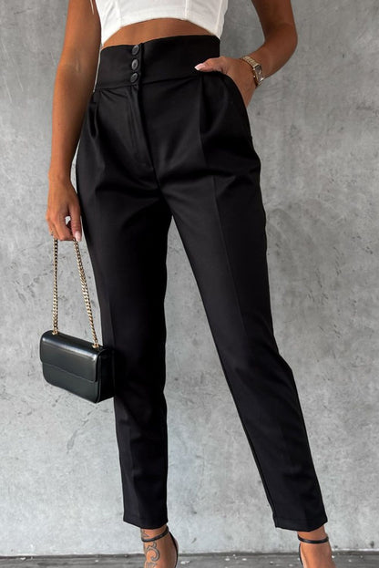 Black Button High Waist Tapered Pants