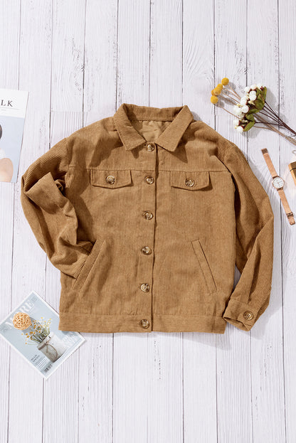 Khaki Ribbed Corduroy Long Sleeve Jacket with Pocket