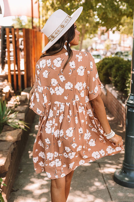 Khaki Floral Print V Neck Empire Waist Dress with Pockets