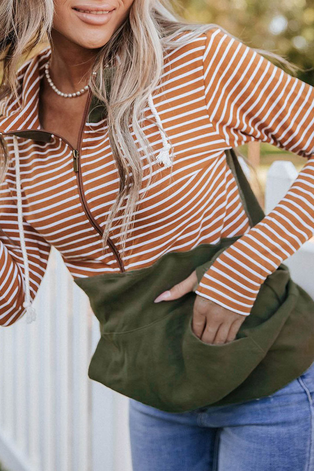 Orange Striped Patchwork Kangaroo Pocket Thumbhole Sleeve Hoodie