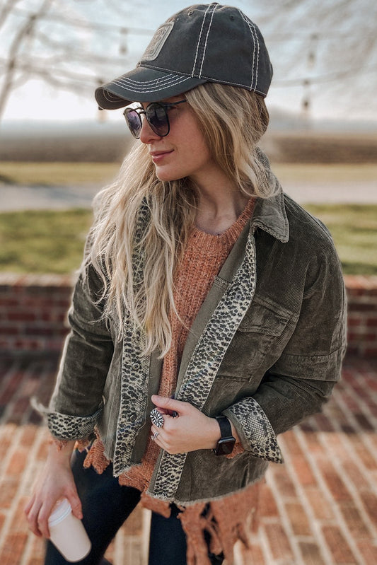 Grey Contrast Snakeskin Trim Pocketed Corduroy Shacket