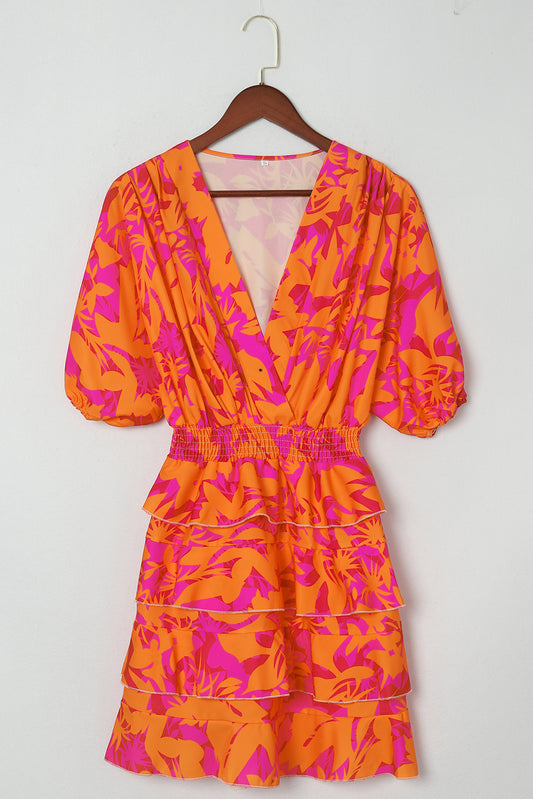Multicolor Floral Deep V Neck High Waist Ruffle Short Dress
