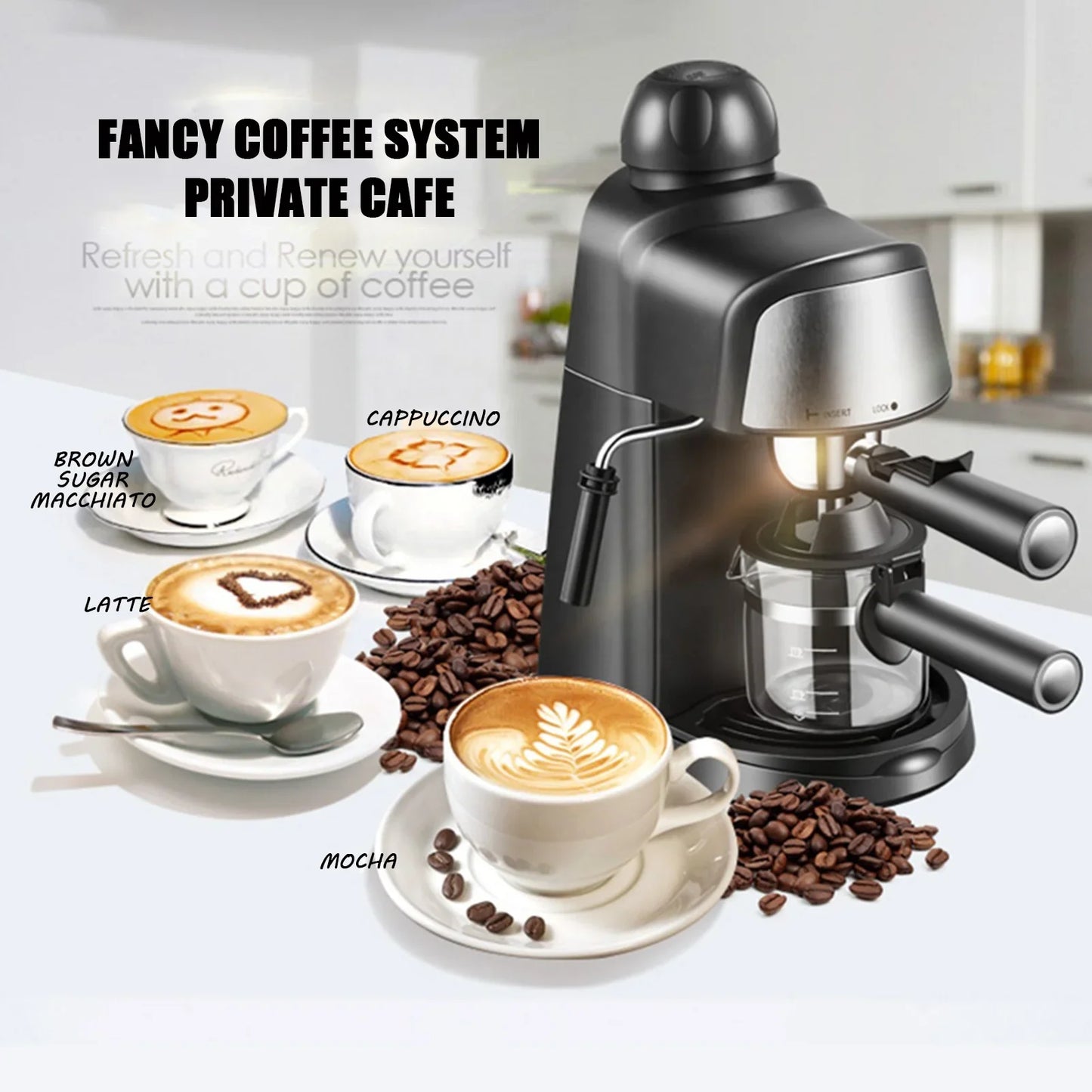 1-4 Cup Coffee Machine Steam Expresso Maker with Milk Frother
