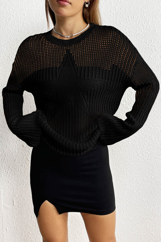 Black Star Pattern Lightweight Hollow Knit Sweater