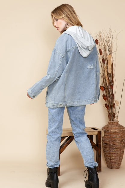 Light Blue Button Up Ripped Hooded Denim Jacket