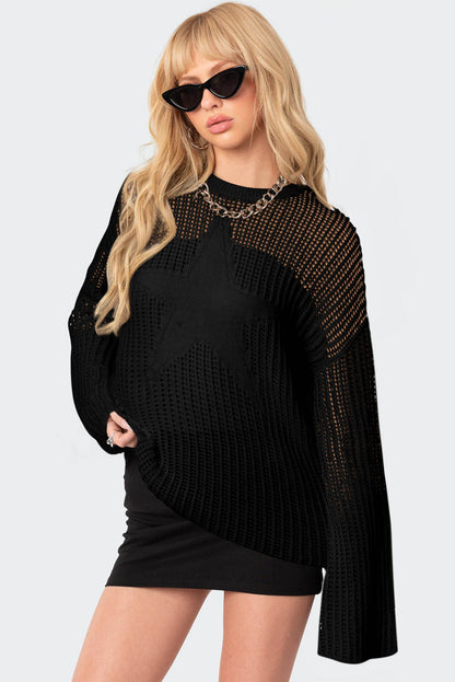 Black Star Pattern Lightweight Hollow Knit Sweater