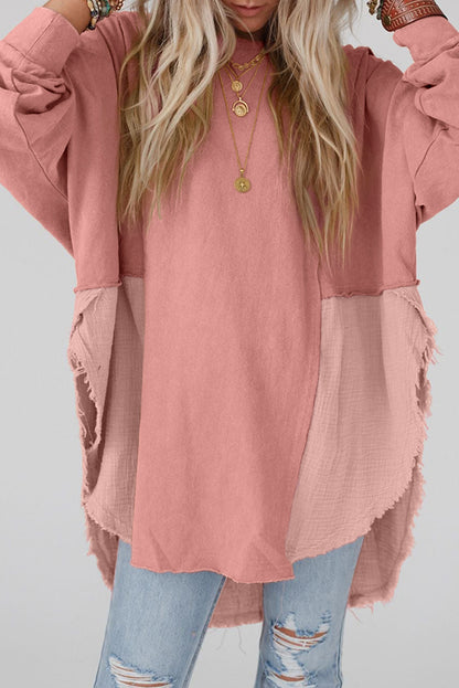 Khaki Crinkled Patchwork Raw Hem Oversized Blouse