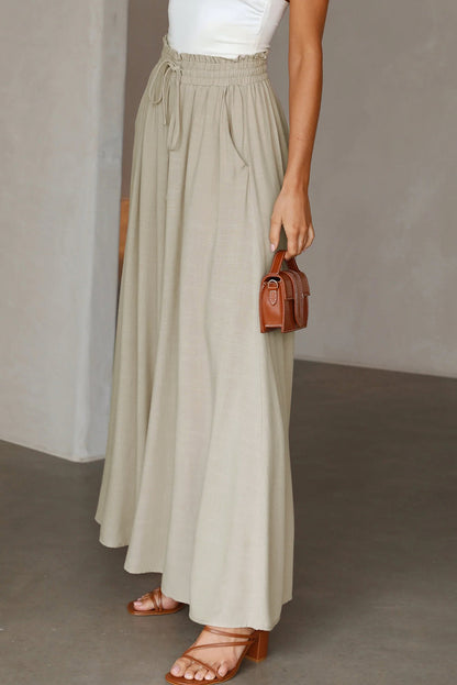 Beige Drawstring Smocked High Waist Wide Leg Pants