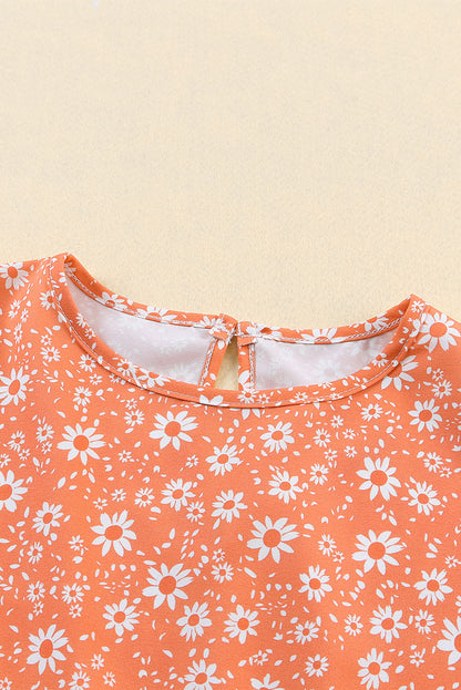 Orange Floral Boho Bishop Sleeve Short Dress