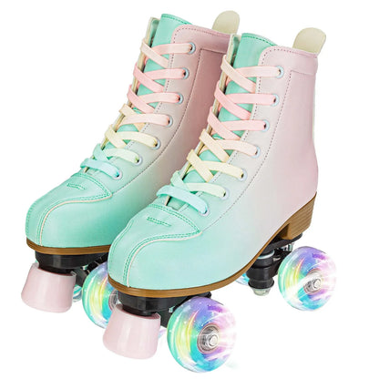 Women's Colorful Outdoor Hi Top PU Leather Quad Roller Skates with LED Wheels