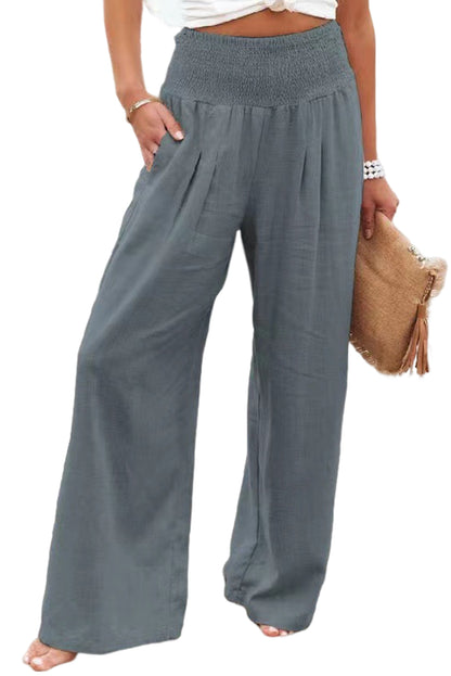 Brown Smocked Wide Waistband High Waist Wide Leg Pants