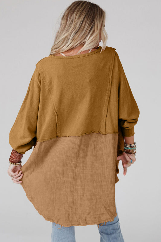 Khaki Crinkled Patchwork Raw Hem Oversized Blouse