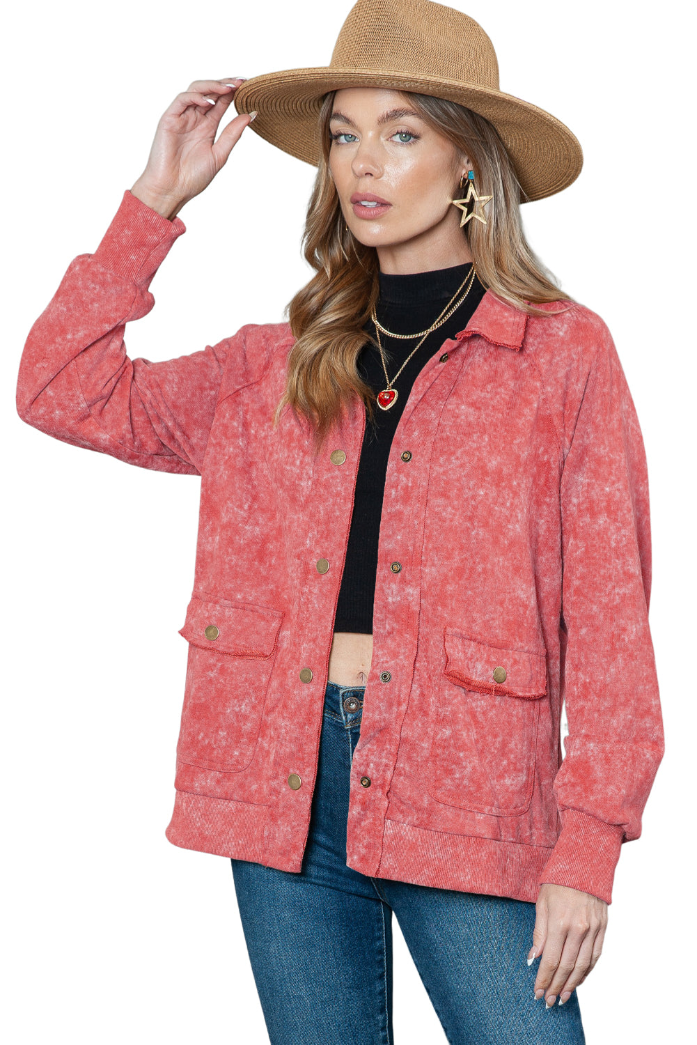 Gray Snap Button Casual Flap Pockets Washed Jacket