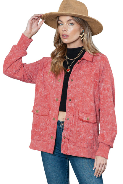 Gray Snap Button Casual Flap Pockets Washed Jacket