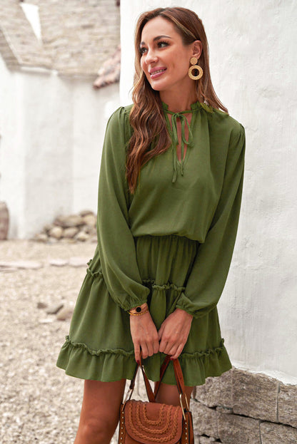Olive Green Casual Lantern Sleeve V Neck Short Tiered Dress