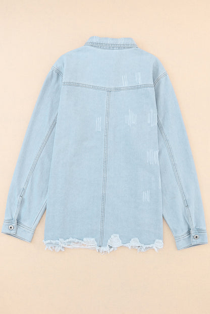 Light Blue Flap Pocket Buttoned Raw Hem Denim Shacket