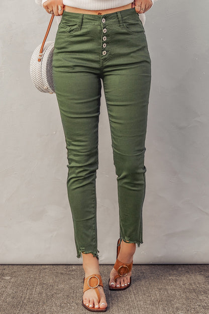 White Plain Buttons Frayed Raw Hem High Waist Denim Jeans
